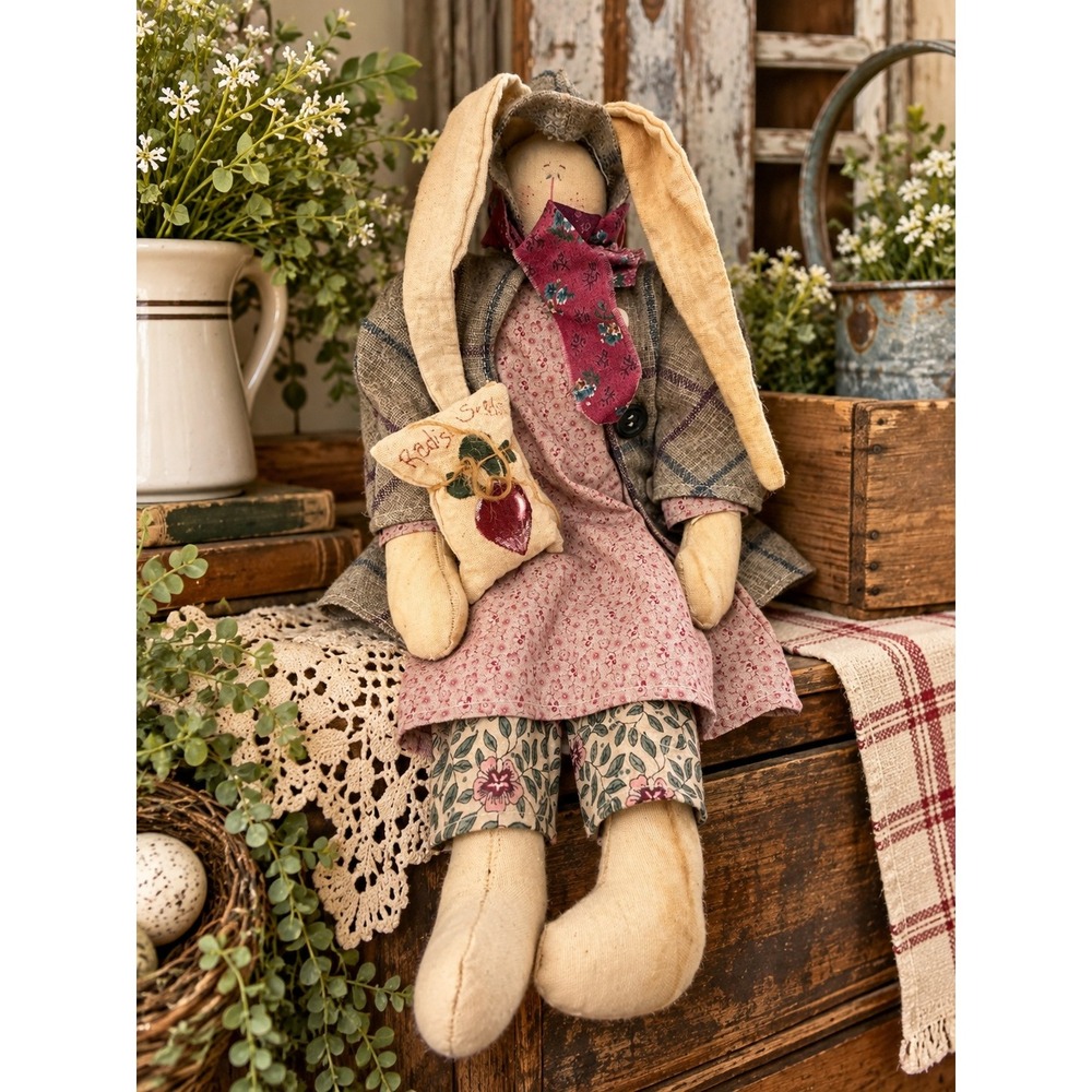 Vintage Primitive 18" Handmade Bunny Doll Rustic Farmhouse Easter Decor